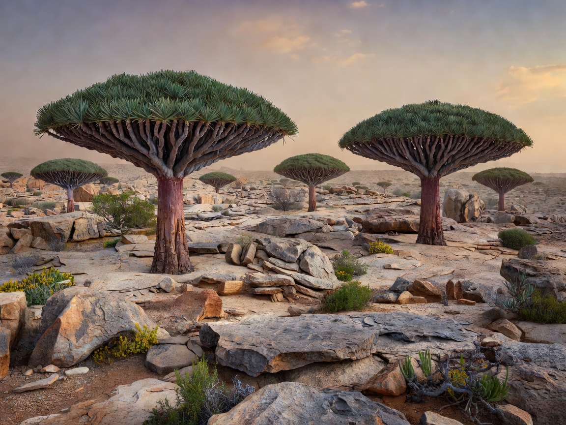 Alien landscape of Socotra Island with endemic Dragon Blood trees on rocky plateau