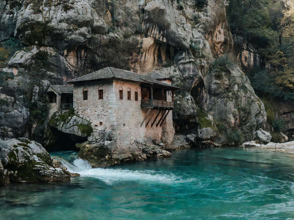 Blagaj Tekke monastery built directly into vertical cliff wall next to turquoise river source