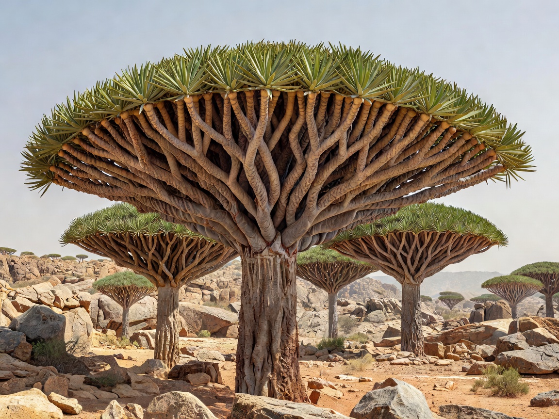Detailed panoramic view of Dragon Blood Tree branches in Socotra
