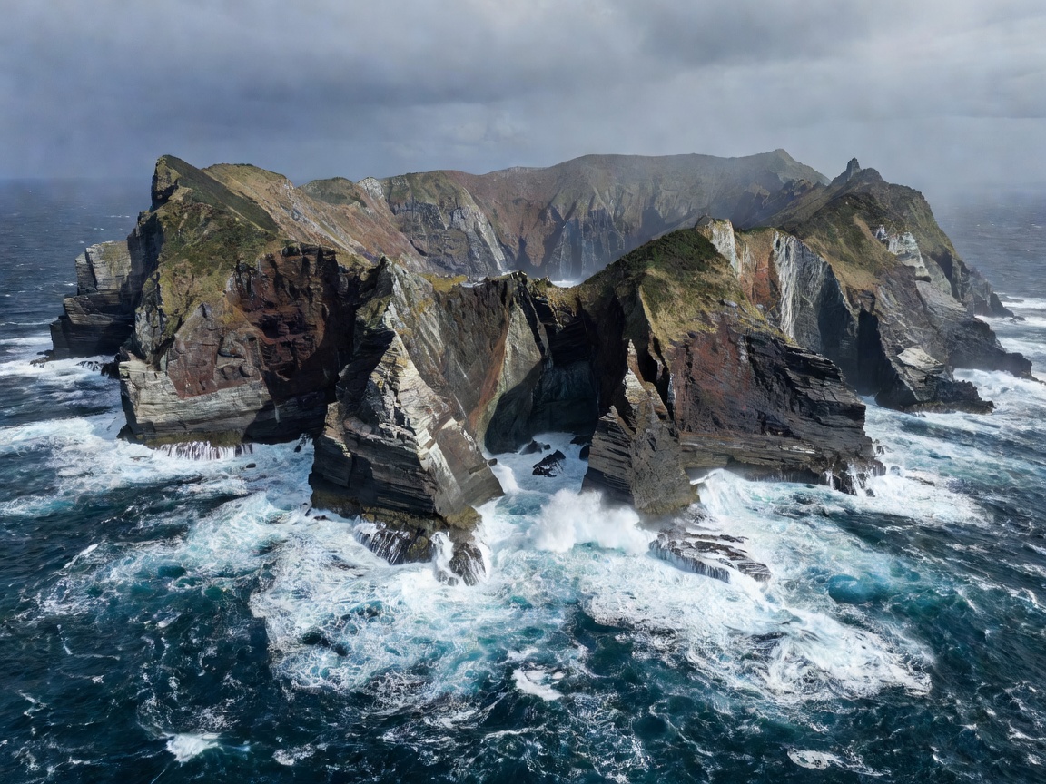 High vantage view of sea cliffs surrounding Aogashima island