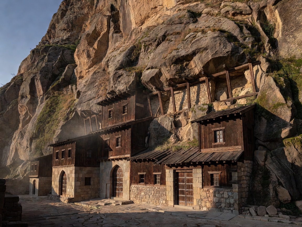 Historical wooden and stone Dervish monastery built under vertical cliff