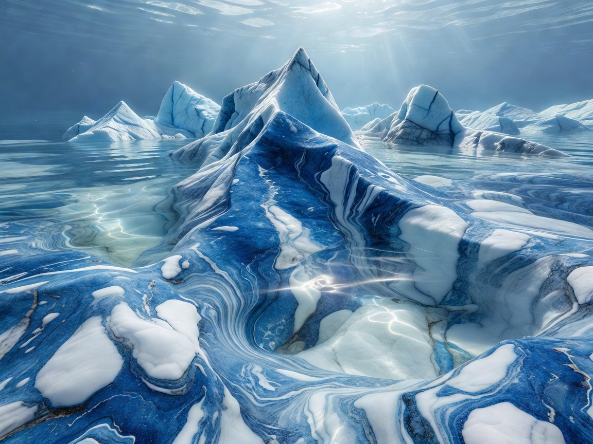Intricate blue and white marble formations emerging from clear glacier water