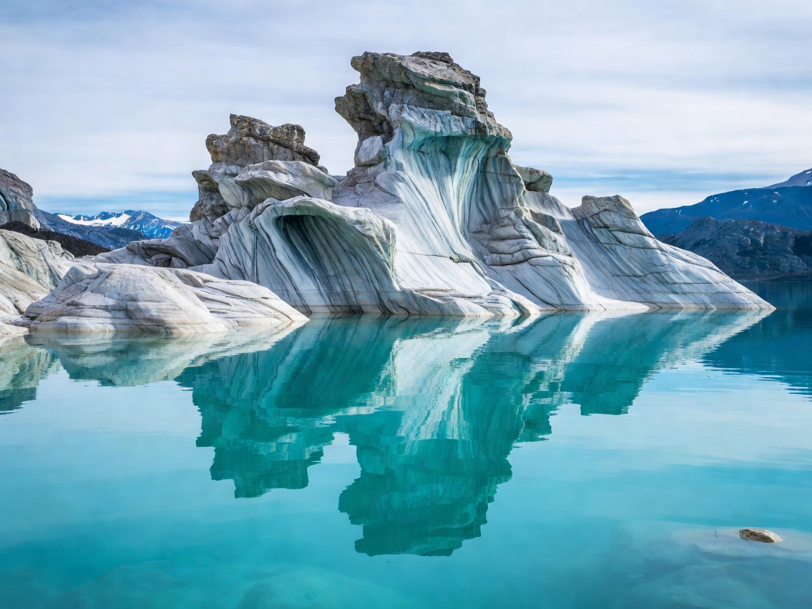 Marble rock formations reflecting turquoise water in Chilean Patagonia